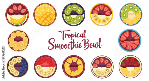 Tropical Smoothie Bowl Collection with Fresh Fruits and Healthy Ingredients.