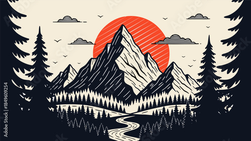 Vintage vector illustration of majestic mountain peaks, dense pine forests, and a winding river under a vibrant red sun, evoking serene wilderness and outdoor adventure