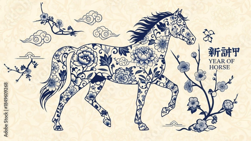 Chinese porcelain horse illustration traditional blue and white floral pattern symbol of the Year of the Horse for festive design