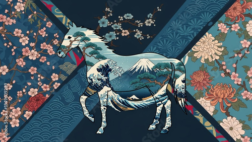 Japanese horse silhouette filled with iconic scenery featuring Mount Fuji and waves set against floral patterns for cultural art and design