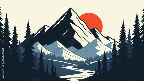 Minimalist Mountain Landscape with a Flowing River and Towering Pine Trees Under a Vibrant Red Sun, Evoking a Sense of Calm and Adventure