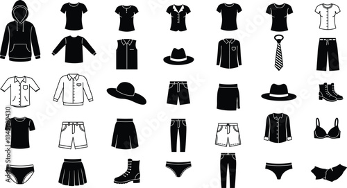 Clothing silhouettes set, hoodie to heels, shirts, blouses, skirts, shorts, jeans, underwear and accessories, flat black vector icons for fashion
