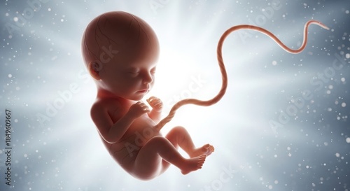 Developing human fetus with visible umbilical cord