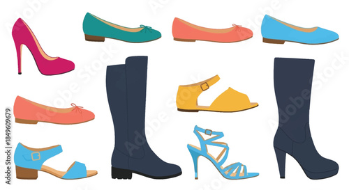 Collection of various womens footwear styles and colors.
