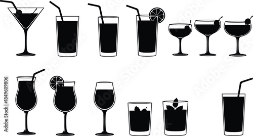 cocktail, glass, silhouette, drink, beverage, martini, highball, lowball, wineglass, tropical,