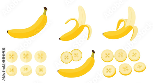 Fresh yellow bananas whole peeled and sliced on white background.