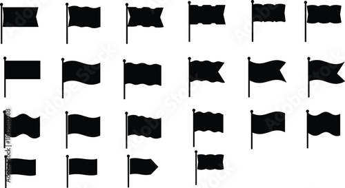 Collection of 20 black flag silhouette icons on poles, varied shapes and wave patterns, minimal vector set for interface and design projects