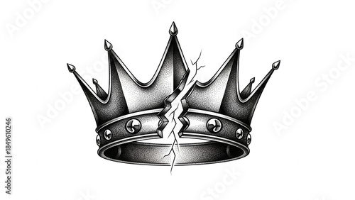 Broken Crown Symbol, Cracked Royalty Icon Black and White