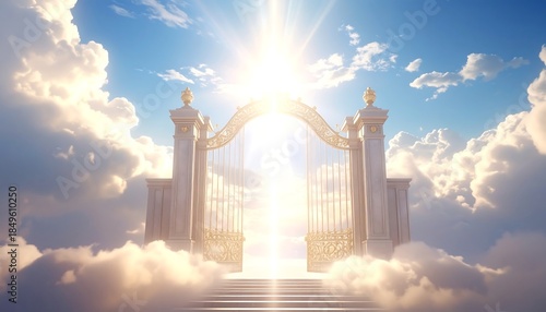 Pearly gates open to a bright, heavenly sky, surrounded by soft clouds
