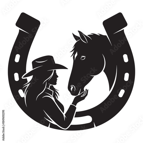 Black stallion horse head silhouette with a horseshoe symbol vector illustration in a minimalist black tattoo art design style