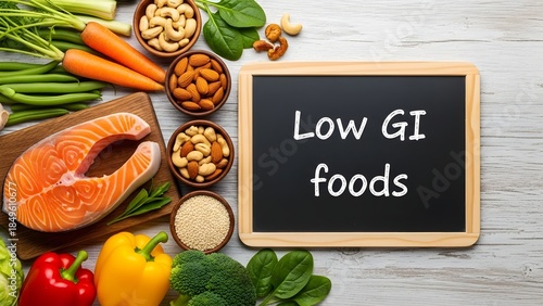 Healthy Low GI Foods Spread with Salmon and Vegetables.