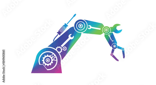 Colorful Robotic Arm with Tools and Gears on White Background.