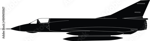 Silhouette of a dassault mirage III side view vector illustration. Fighter jet silhouette 