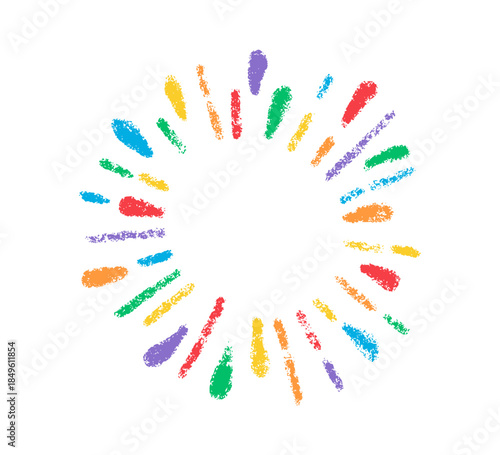 Crayon doodle confetti. Color pencil hand drawn firework symbol. Chalk color birthday firecracker confetti. Crayon graphic design circle element. Vector illustration isolated on white background.