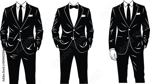 Formal suit silhouette, menswear vector, black icon, fashion attire, bow tie, necktie style, elegant outfit, pocket square, business wear
