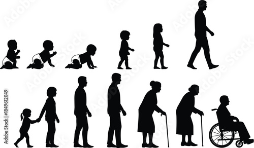 Human life silhouette, aging stages, development vector, baby to elderly, growth timeline, cane, wheelchair, posture, evolution, cad drawing flat vector illustration