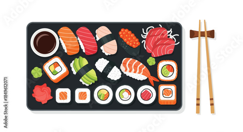 Delicious Sushi and Sashimi Platter with Chopsticks.