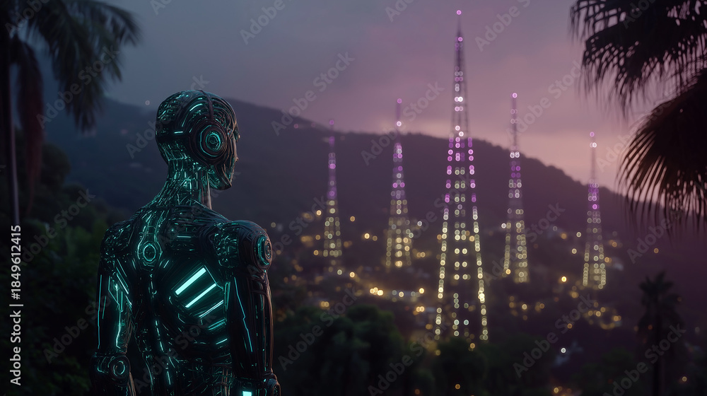 Fototapeta premium Cyberpunk Visionary: A futuristic individual gazes upon a cityscape, its neon-lit structures piercing the twilight. The scene is a fusion of technology and urban life.
