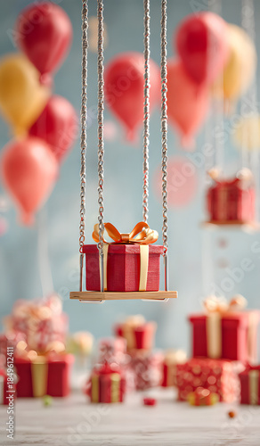 Modern Drone Delivering Red Gift Box with Golden Ribbon Bow