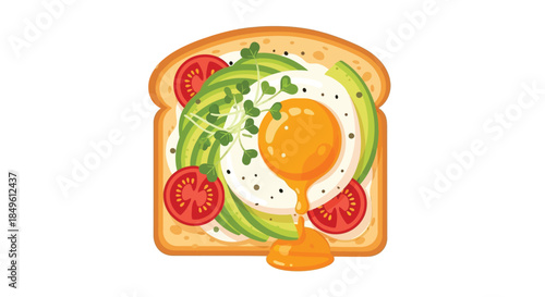 Delicious avocado toast with fried egg and fresh tomatoes.