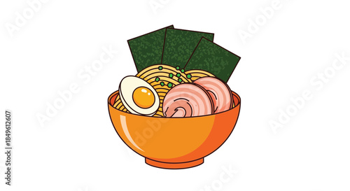 Delicious Japanese Ramen Bowl with Egg and Pork Illustration.