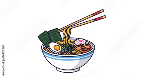 Delicious Japanese Ramen Bowl with Chopsticks and Toppings.