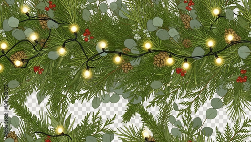 Christmas Lights on Green Fir Branches with Red Berries and Pine Cones Isolated on Transparent Background