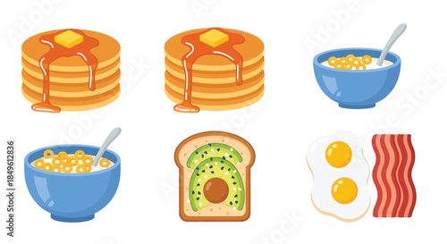 Delicious breakfast food items including pancakes, oatmeal, avocado toast, and eggs with bacon.