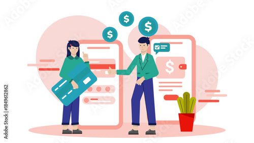 FinTech Team Launching a Mobile Payment App. Business Flat Vector Illustration