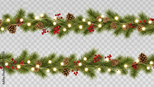 Festive Christmas garland with pine cones berries and warm lights a decorative element for holiday season celebrations and winter events