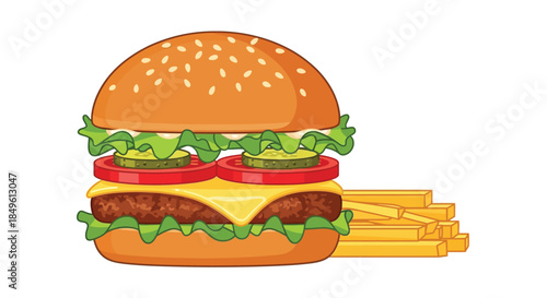 Delicious cartoon cheeseburger with french fries on white background.