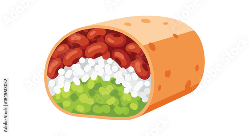 Delicious Vegetarian Burrito with Beans, Rice, and Guacamole.