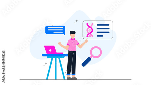 Biotech Researchers Analyzing DNA Sequences. Business Flat Vector Illustration