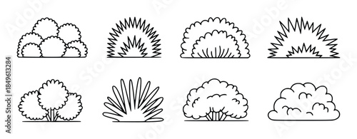 Black of various stylized bushes and plants nature outline