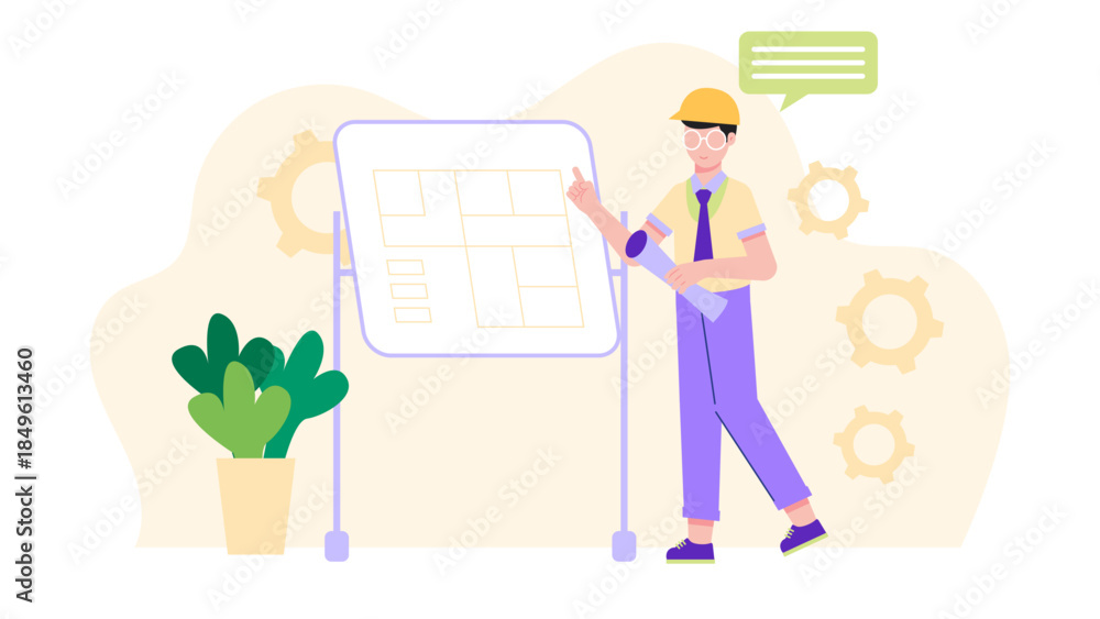 Obraz premium Construction Project Manager Reviewing Blueprints. Business Flat Vector Illustration