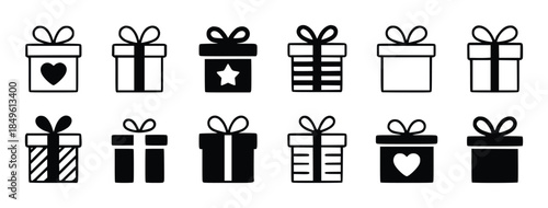 Collection of black and white gift box with bows and various patterns present