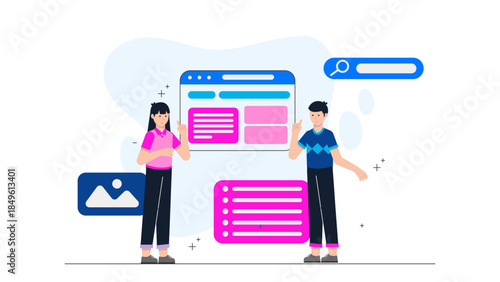 UI Designer Creating a Responsive Website Layout. Business Flat Vector Illustration