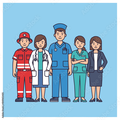 Group of essential workers and medical professionals standing together