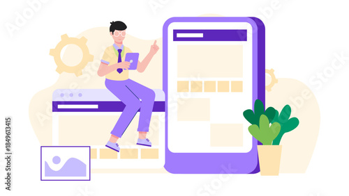 UI Designer Creating a Responsive Website Layout. Business Flat Vector Illustration