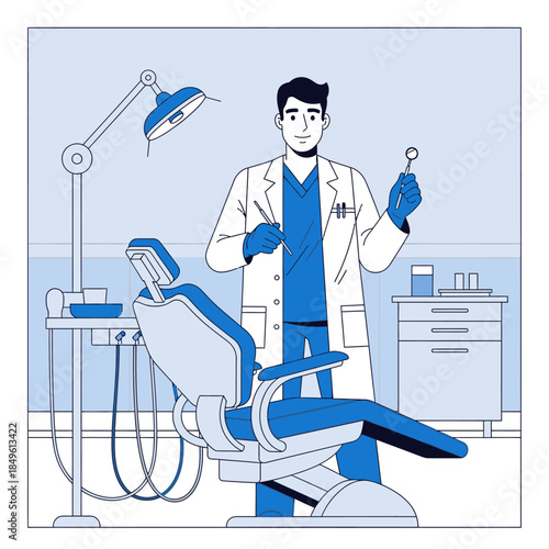 Friendly male dentist holding dental tools in his office