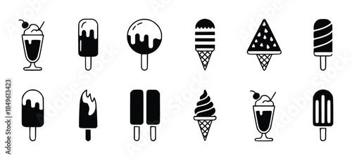 Collection of black and white ice cream and milkshake popsicle cone