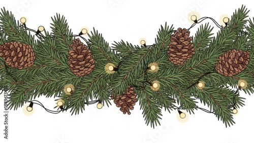 Christmas garland with pine cones and warm fairy lights festive evergreen branch decoration for holiday season isolated on white background