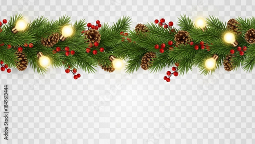 Christmas garland with pine cones red berries and warm lights festive decoration for winter holidays and New Year celebrations isolated on tran