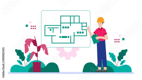 Construction Project Manager Reviewing Blueprints. Business Flat Vector Illustration