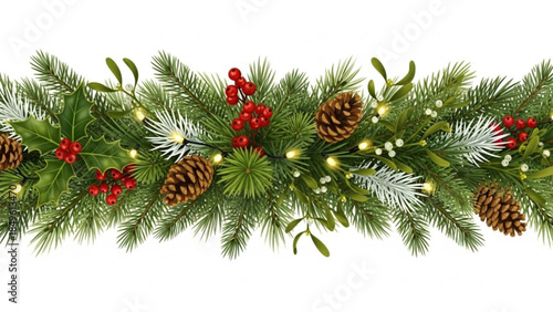 Christmas garland with pine cones holly berries mistletoe and fairy lights festive decoration for winter holidays isolated on white