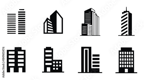 Collection of black and white simplified building representing different architectural styles and heights