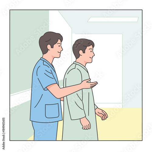 Male nurse assisting patient to walk in hospital corridor