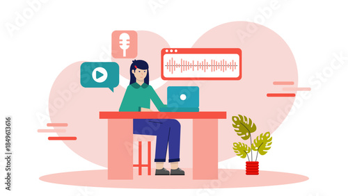 Podcast Producer Editing an Audio Episode. Business Flat Vector Illustration