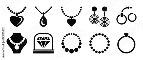 Collection of black jewelry including necklaces earrings rings and diamond