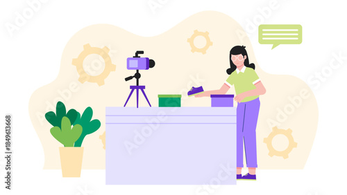 Influencer Shooting Content for a Brand. Business Flat Vector Illustration